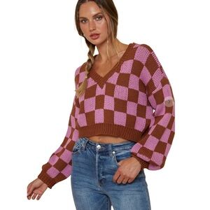 BLUE BLUSH THE GRETA CHECKERED CROPPED VNECK SWEATER BALOON SLEEVES SIZE SMALL